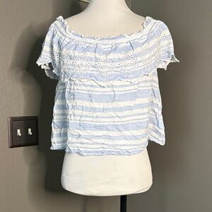 American Eagle Outfitters Blue and White Off-Shoulder Blouse